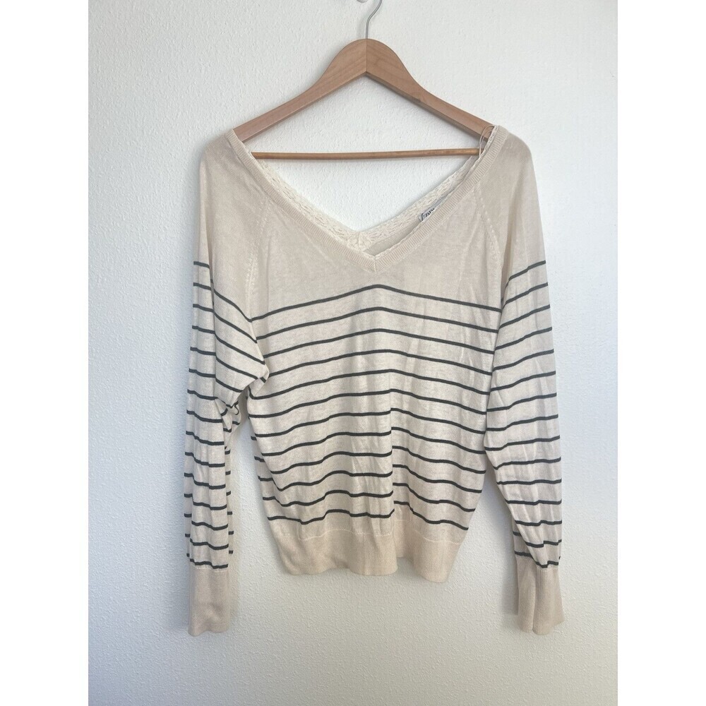 Zara Cream Striped V-Neck Wool Blend Sweater Lace Trim Coquette Preppy Coastal